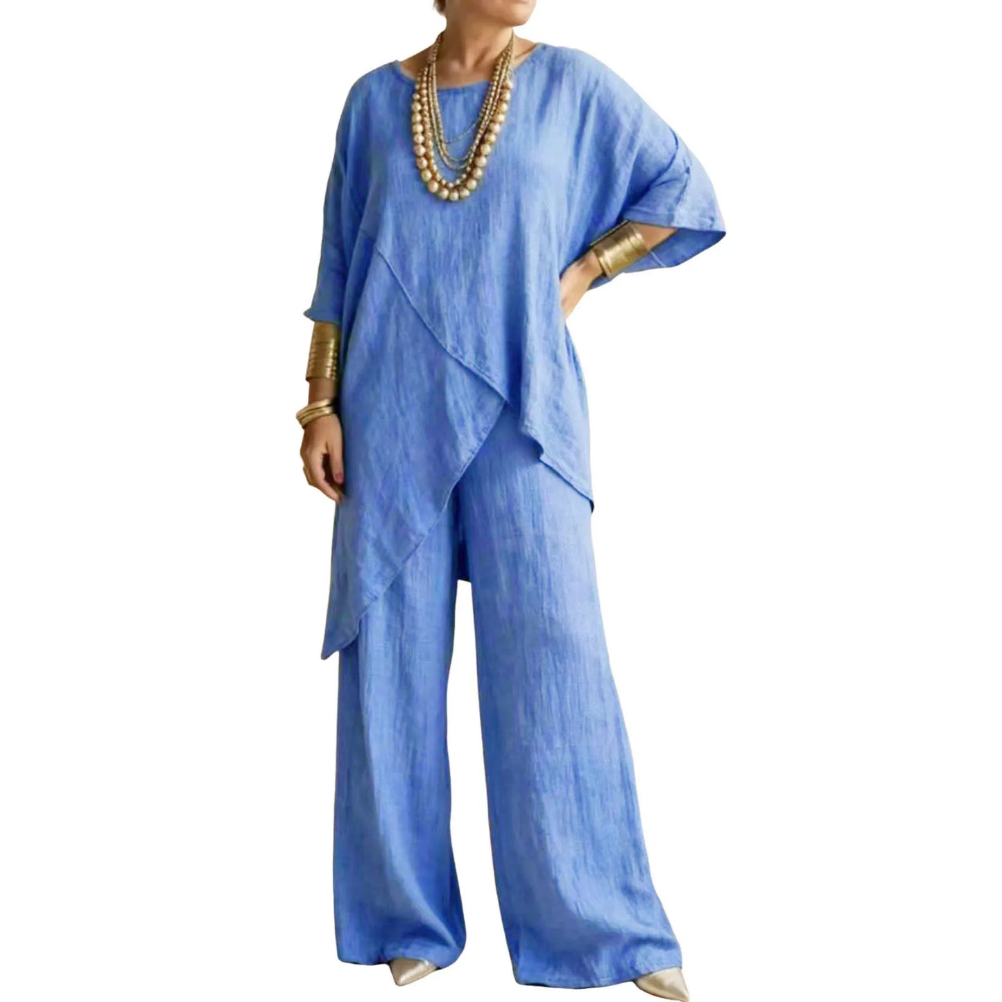 Women's Cotton Linen 2-piece Sets Large Size Casual Wear Sportswear Suit Short-Sleeved O-Neck Top Wide Leg Pants Suits For Women