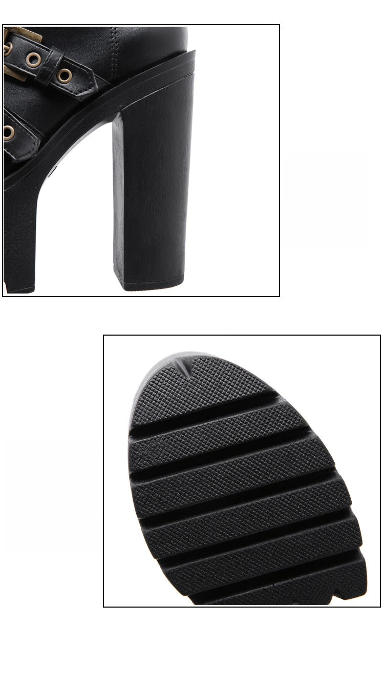 Zip Up Platform Ankle Boots High Heels Round Head Black Leather Goth Studded New Rock Combat Punk Women Shoes On Offer
