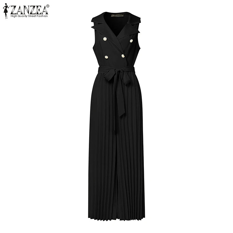 Fashion Women Jumpsuits 2026 ZANZEA Summer Rompers Elegant Wide Leg Work OL Overalls V Neck Sleeveless Pleated Playsuit Trousers