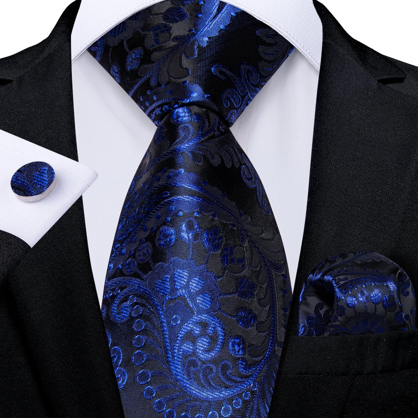 Royal Blue Paisley Plaid Striped Men tie Set with Handkerchief Cufflinks Wedding Prom Groom Accessories Perfect Gift for Men BAZAARHUBO