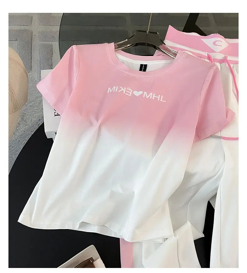 2024 Spring/Summer New Fashionable Gradient Short Sleeve+High Waist Wide Leg Pants Casual Two Piece Set
