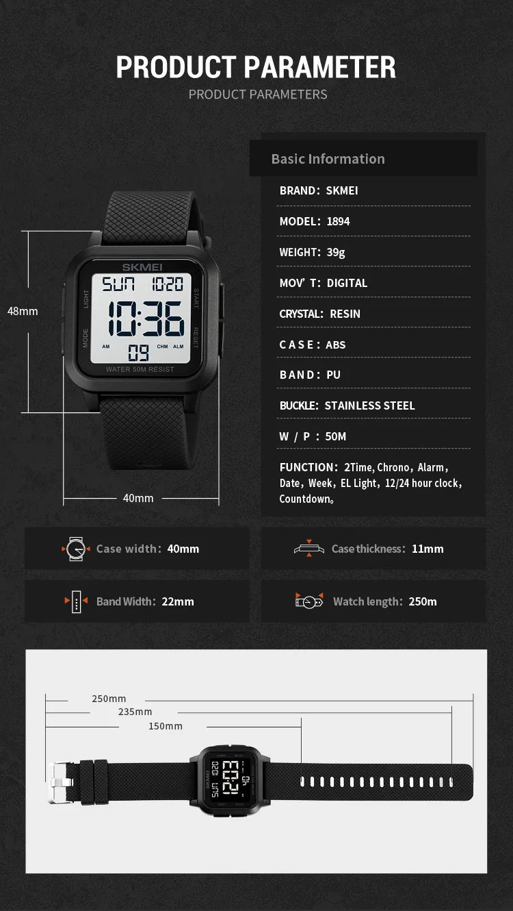 SKMEI Sport Watches Mens Alarm Countdown Clock Male 5Bar Waterproof Military Back Light Shockproof Calender Digital Wristwatch