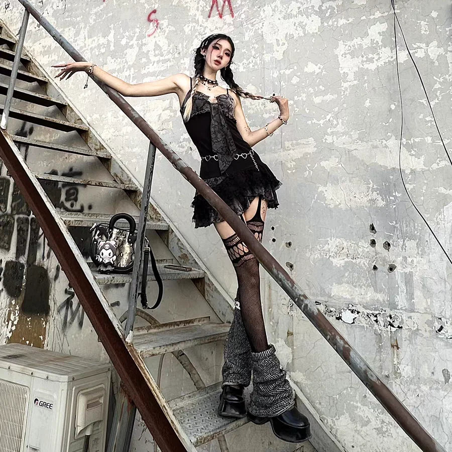 Sexy A-line Short Dress Girl Streetwear Punk Hotsweet City Goth Clothing Y2K Summer Coquette Top 2000s Party Skirt Sling Dresses