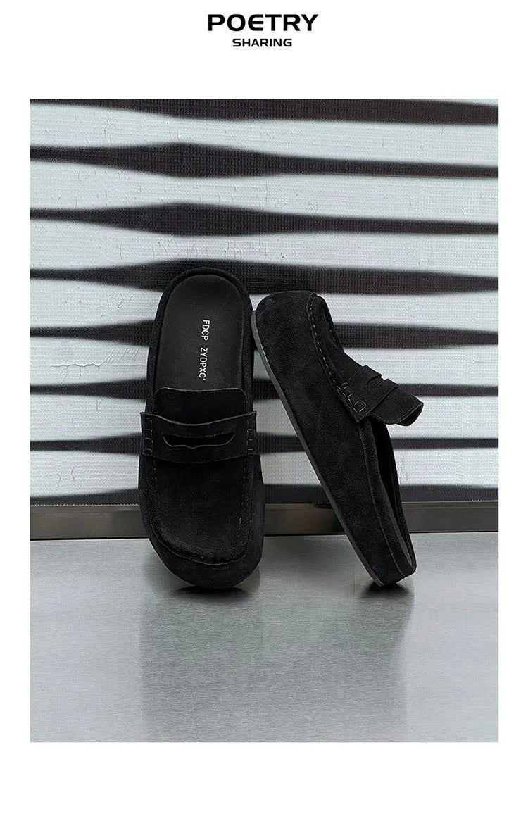 Suede Leather Open Back Casual Shoes Mules Men Backless Loafers Slippers Half Shoes Slip On Flats Vintage Man Slides Sandals
