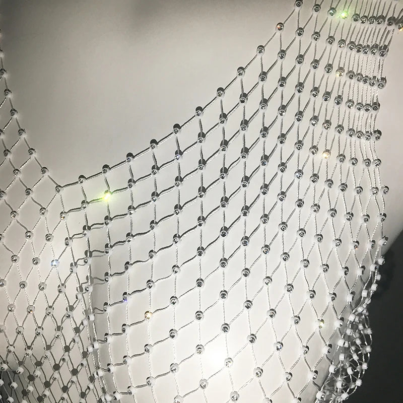 Sexy Shiny Rhinestone Fishnet Women Y2K Tank Tops See Through Crop Top Summer Beach Cover Up Tops Party Nightclub Women Clothing