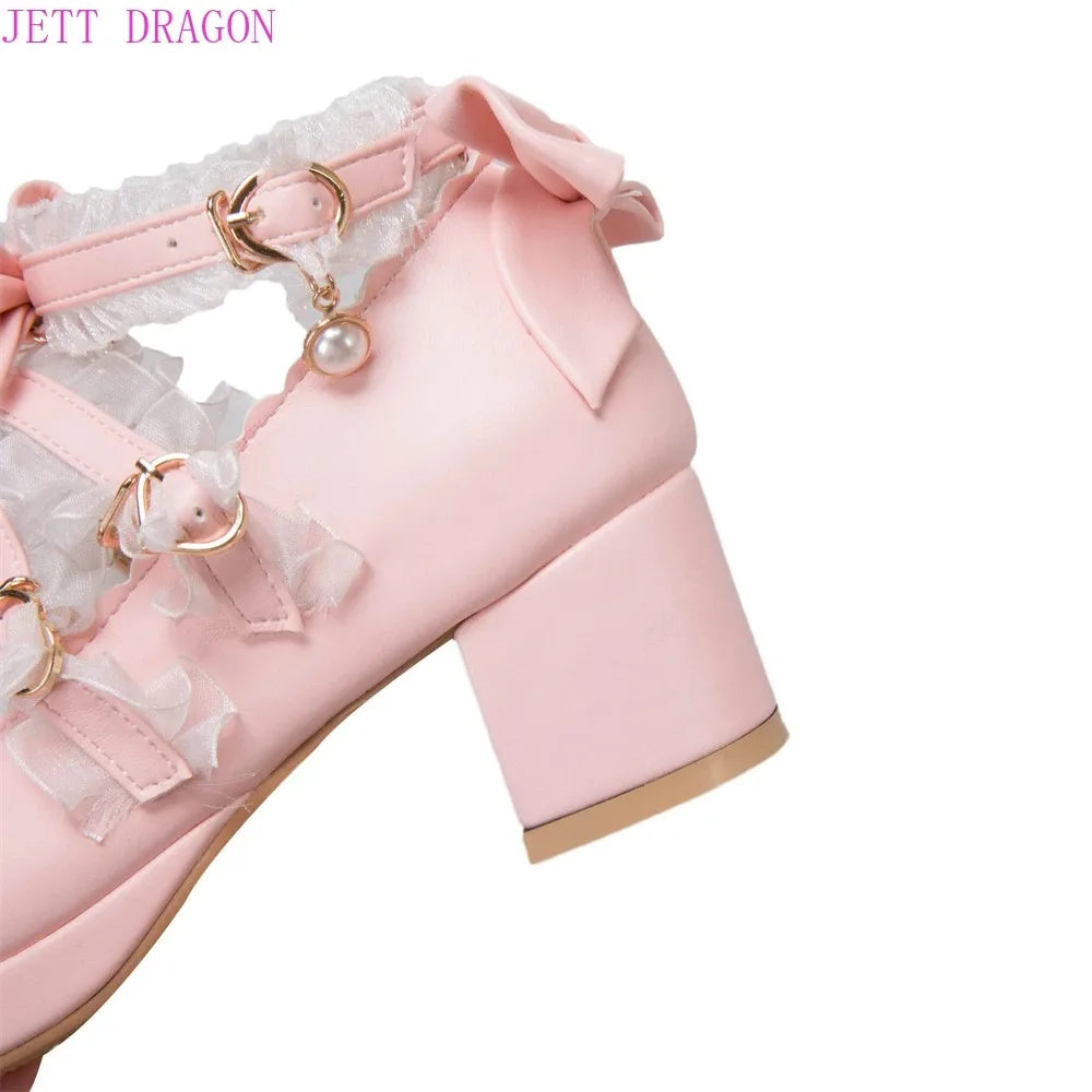 2025 Women High Heels Cross Strap Mary Jane Pumps Party Wedding White Pink Black Ruffles Bow Princess Cosplay Lolita Shoes 41