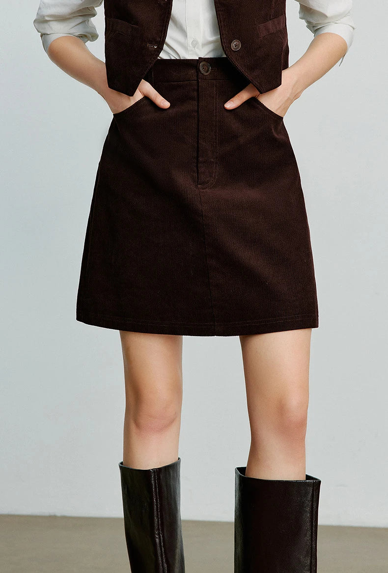 TOYOUTH Women Midi Skirt 2025 Autumn New Retro Corduroy Elastic Waist Pure Cotton A Line Mini Skirt