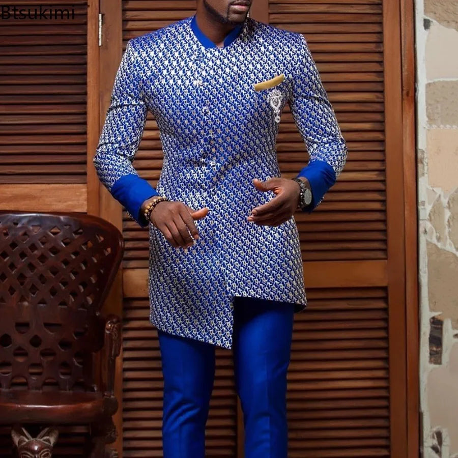 Ethnic Style African Tribal Men Shirts Round Neck Long Sleeve Business Casual Slim Blouses Comfy Traditional Long Tops Gentleman