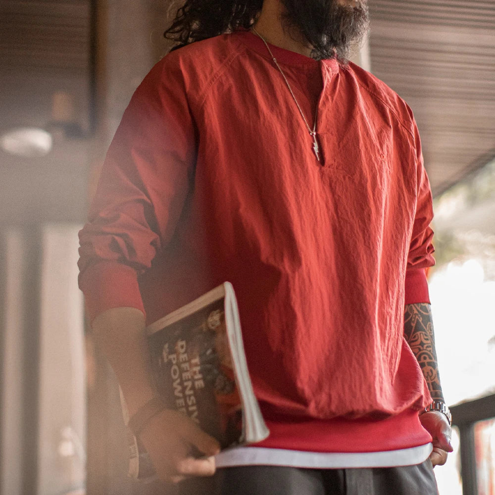 Maden Vintage Baseball Collar Sweatshirt New Year's Red Top Loose Round Neck Pullover for Men's Spring Fall Long-Sleeved T-Shirt