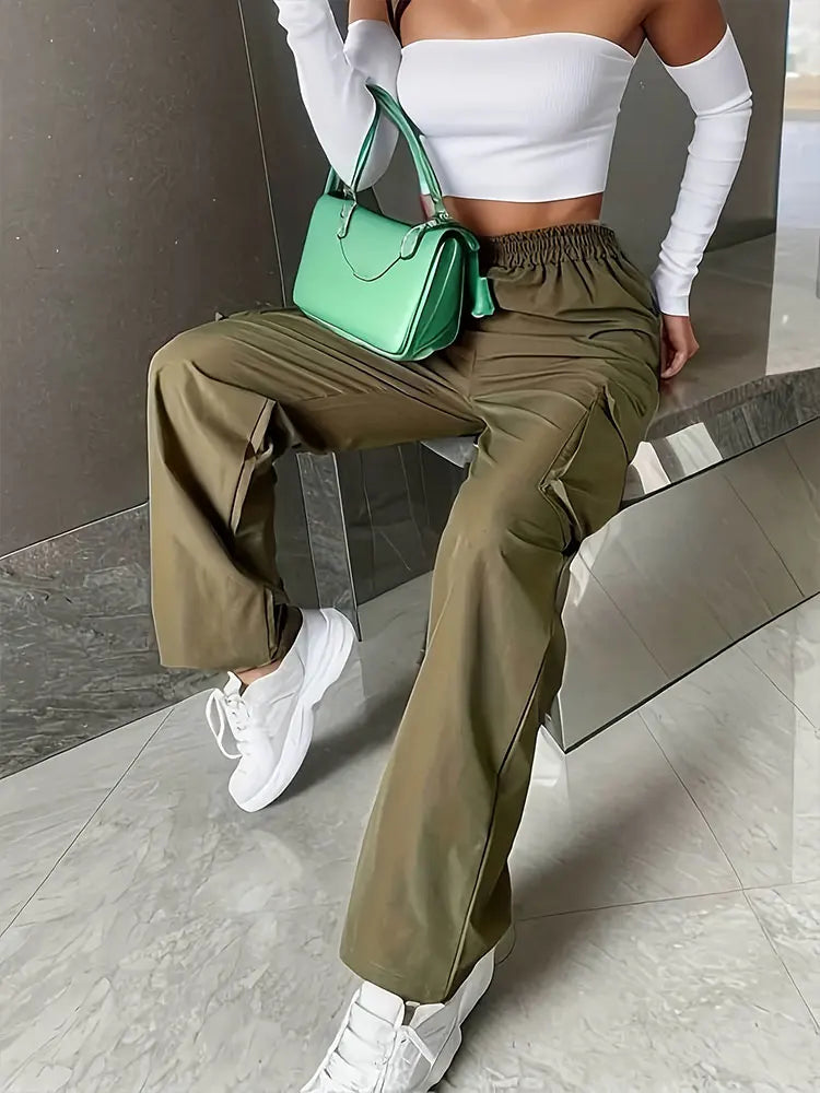 Elastic Waist Fashionable Workwear Pants High Waist Wide Leg Pants Loose Solid Color Casual Sports Pants WOMEN'S Sportswear