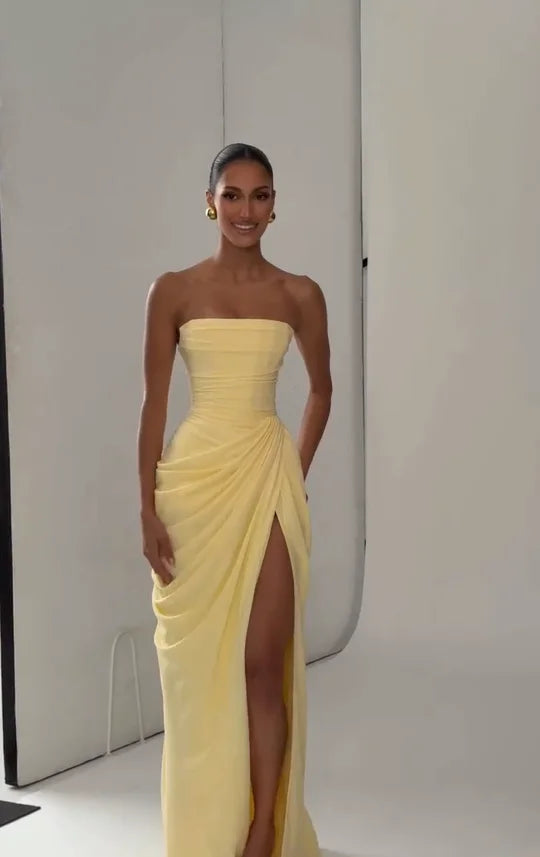 Women Sexy Solid Pleated Strapless Dress Lady Chic Off-shoulder Backless High Waist Split Dresses 2026 New Evening Party Gown