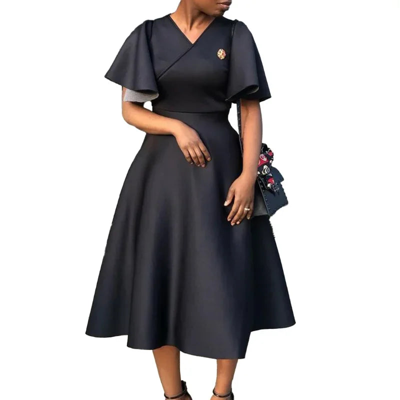 African Elegant A-line Midi Dress For Women Summer Fashion Casual Robe Femmes New Flare Sleeve Club Party Sexy Dresses Vestidos