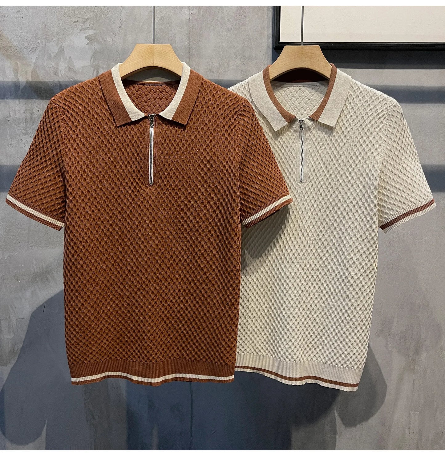 2026 Men's Casual V-Neck Knitted Jacquard Polo Shirt Solid Color Short Sleeve Solid Color Shirt Breathable Luxury Clothing B24