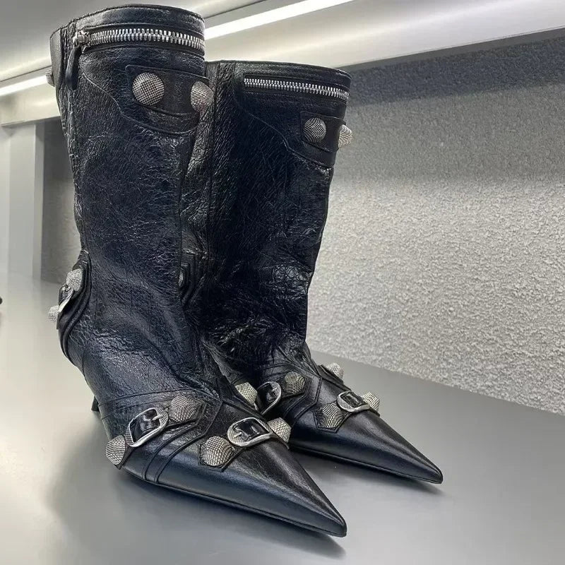 Women's Sexy Stiletto High Heels with Rivet Decoration, Wide Barrel Knee Length Boots, European and American Fashion Show Boots