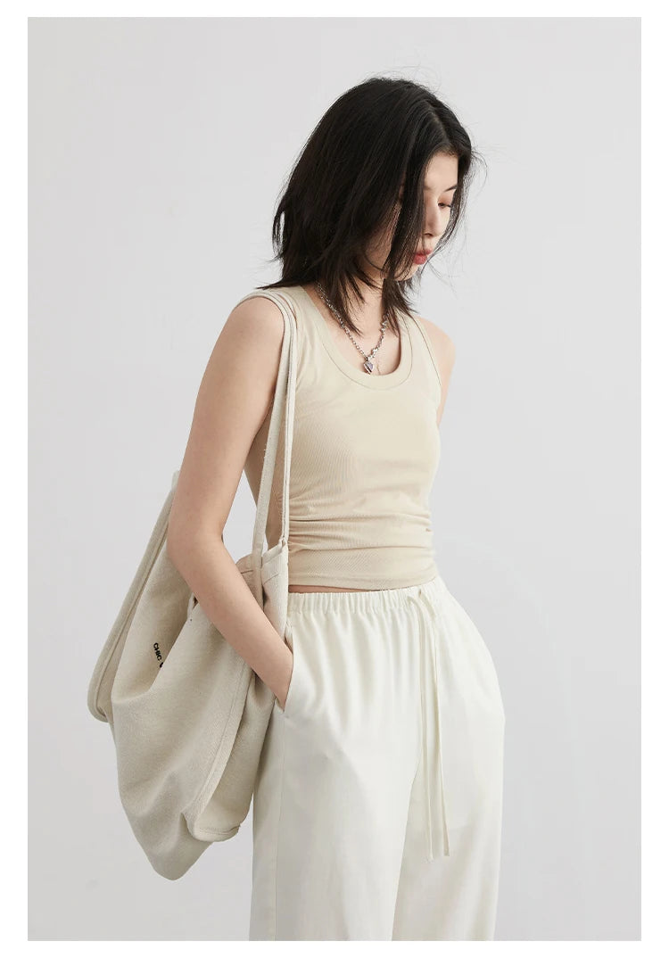 CHIC VEN Women Tanks New Solid Color Tees U-neck Pleated Vest Suspender Sleeveless Slim Female Top Spring Summer 2024