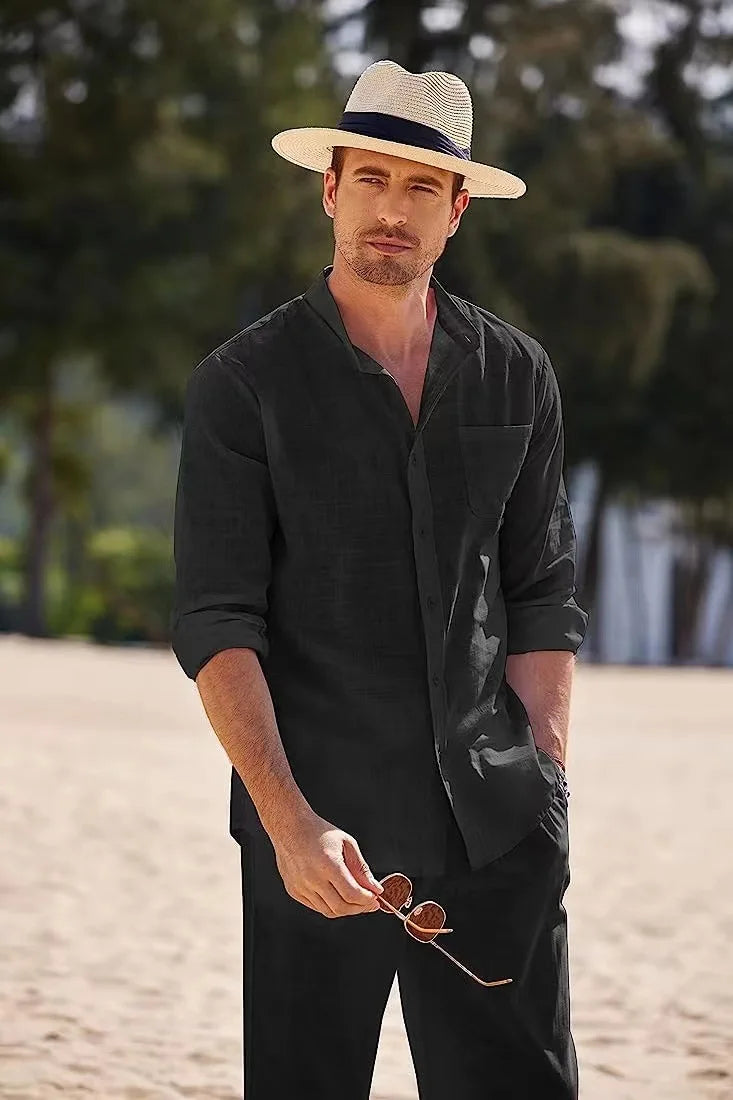 Mens Casual Linen Two Piece Sets 2024 Europe Style Vintage Basic Tops and Solid Pants Suit Male Beach Tracksuits Set