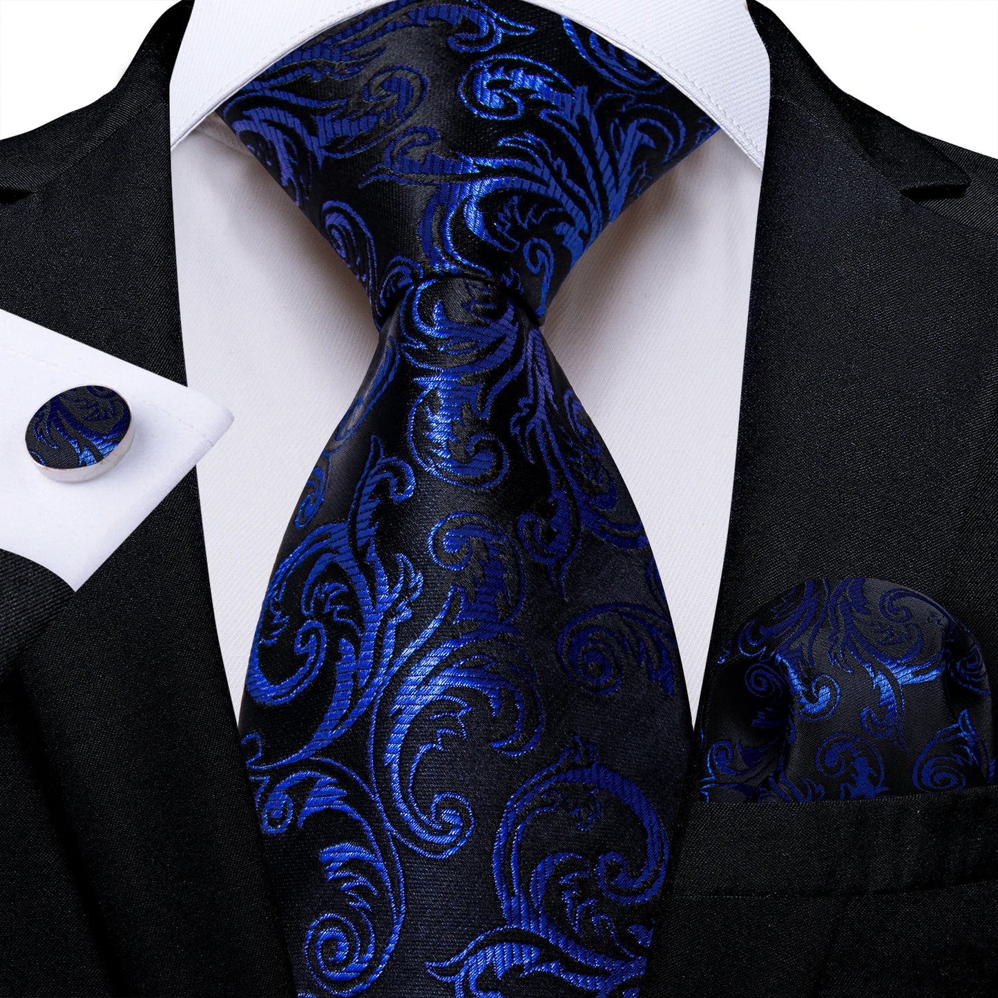 Royal Blue Paisley Plaid Striped Men tie Set with Handkerchief Cufflinks Wedding Prom Groom Accessories Perfect Gift for Men BAZAARHUBO