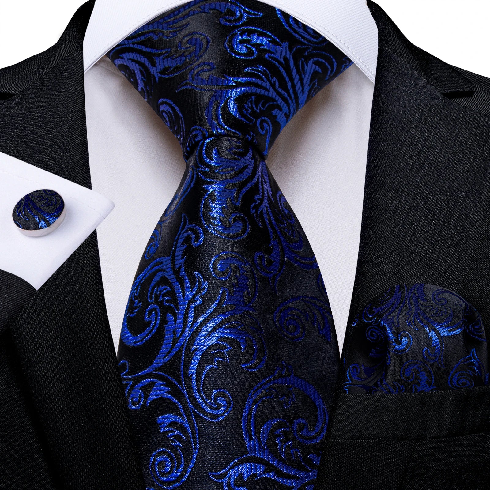 Royal Blue Paisley Plaid Striped Men tie Set with Handkerchief Cufflinks Wedding Prom Groom Accessories Perfect Gift for Men BAZAARHUBO