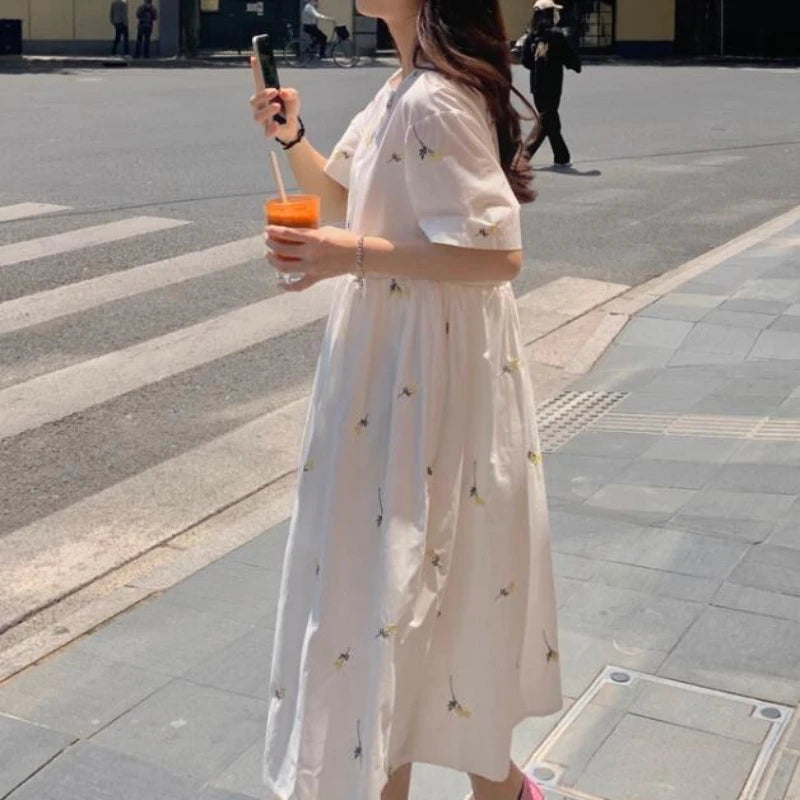 Loose Summer Cute Sweet Japanese Style Girls Flower Embroidery Retro Vintage Single Breasted Button Cotton Blends Shirt Dress