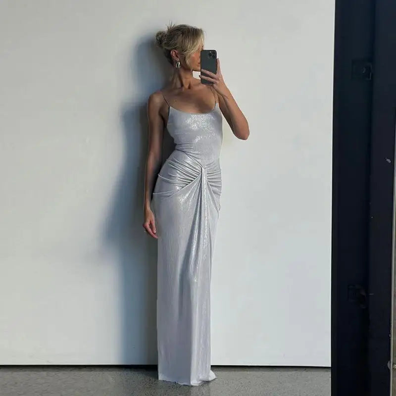 Sexy Royal Sister Style European and American Women's Clothing Fashion Wrinkled Kink Waist Tall Slim Long  Suspender Dress