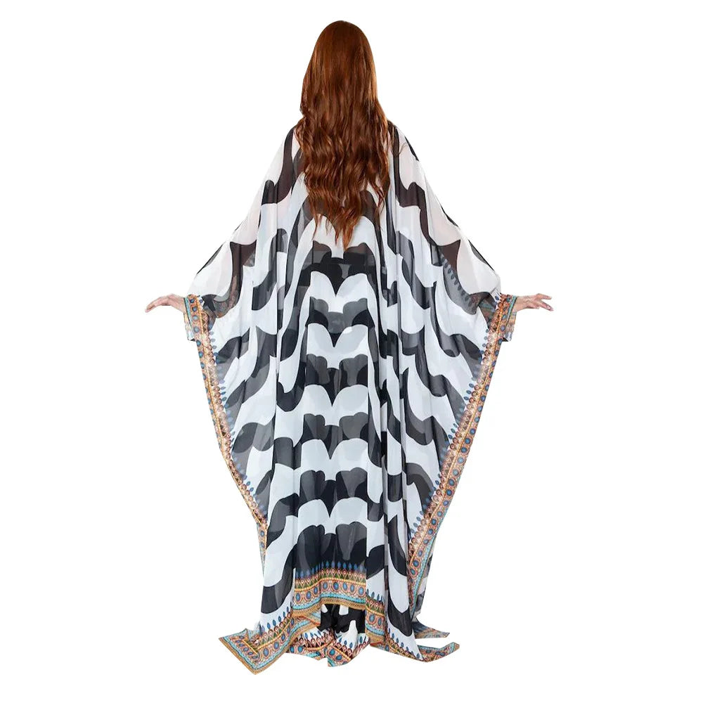 African Dresses for Women See-Through Chiffon Sexy V-neck Bohemian Printing Maxi Dresses Africa Kimono Bikini Holiday Beachwear