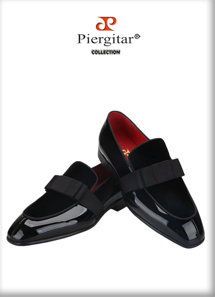 Black Patent Calfskin And Velvet Hand Stitching Men’s Dress Shoe With Grosgrain Ribbon Bow Adorns CL Brand Couture Loafer