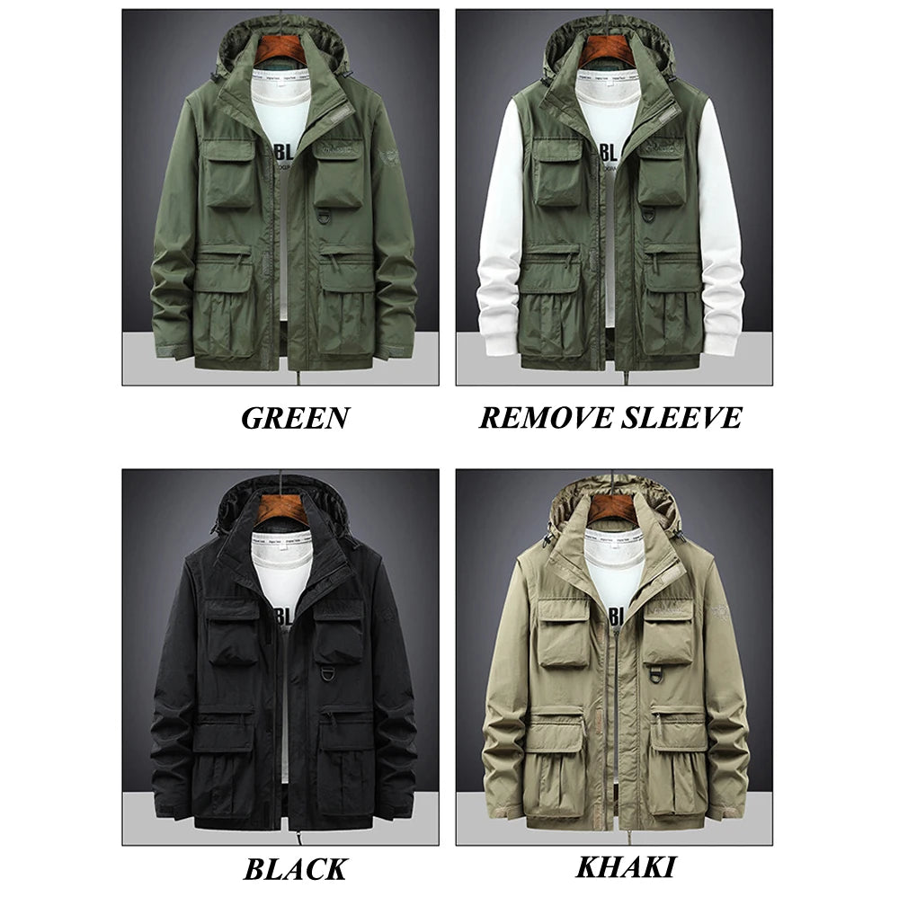 Autumn Men's Mountain SKi Jackets Casual Men Multi-pocket Windbreaker Hooded Coats Men Sports Climbing Jackets Clothing 5XL