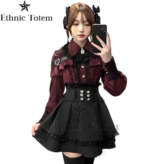 Jirai Kei Costume Lolita Shirts Mini Skirts Kawaii Clothing for Women Gothic Long Sleeve Bow Blouses Y2K Fashion Uniform