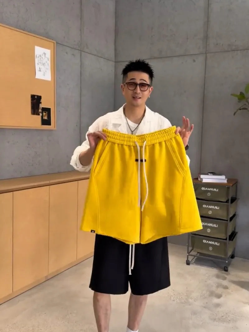 Mens Summer Casual Shorts Loose Fit Elastic Waist Drawstring Streetwear Sweatpants Hip Hop Shorts Knee Length Straight Trousers