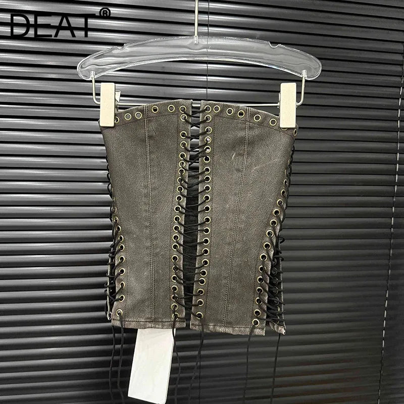 DEAT Fashion Vintage Bandage Design Hollow Out PU Short Strapless Vest For Women Outwear High Street Tank Tops Female 11A04791