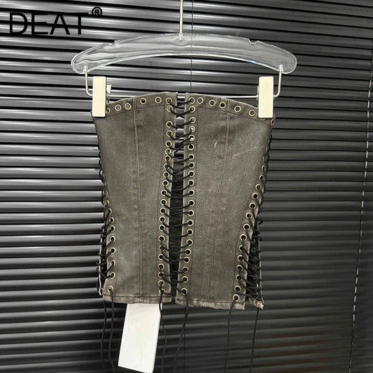 DEAT Fashion Vintage Bandage Design Hollow Out PU Short Strapless Vest For Women Outwear High Street Tank Tops Female 11A04791