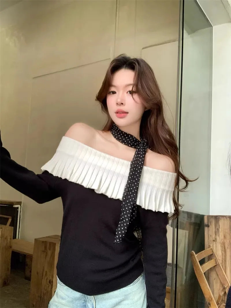 Women's Solid Color Slash Neck Ruffles Sweater Short Pullover Korean Fashion Chic Retro Style for Autumn Winter