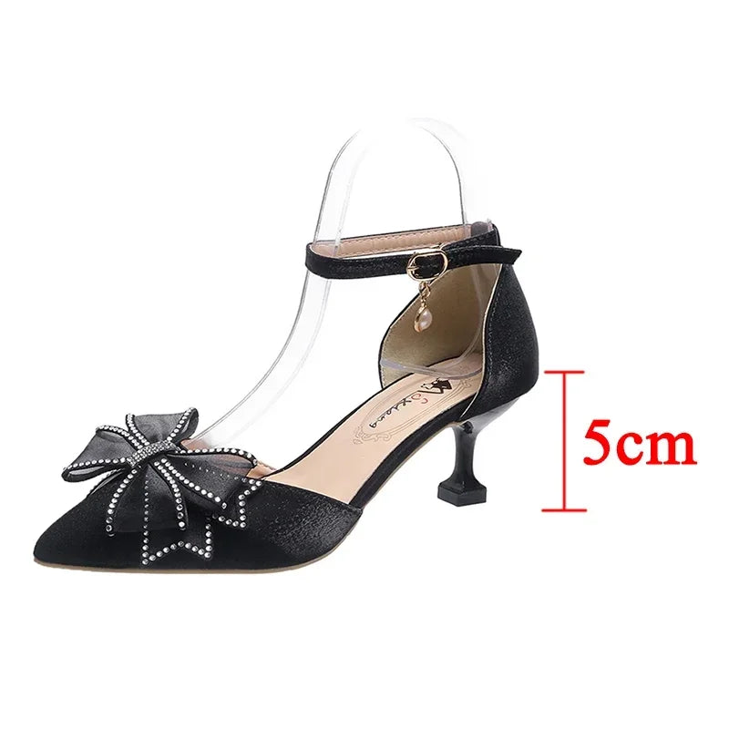 Rimocy Sexy Thin Heels Ankle Strap Pumps Women Lace Bowknot Wedding Party Shoes Woman Elegant Pointed Toe Silk High Heels Shoes