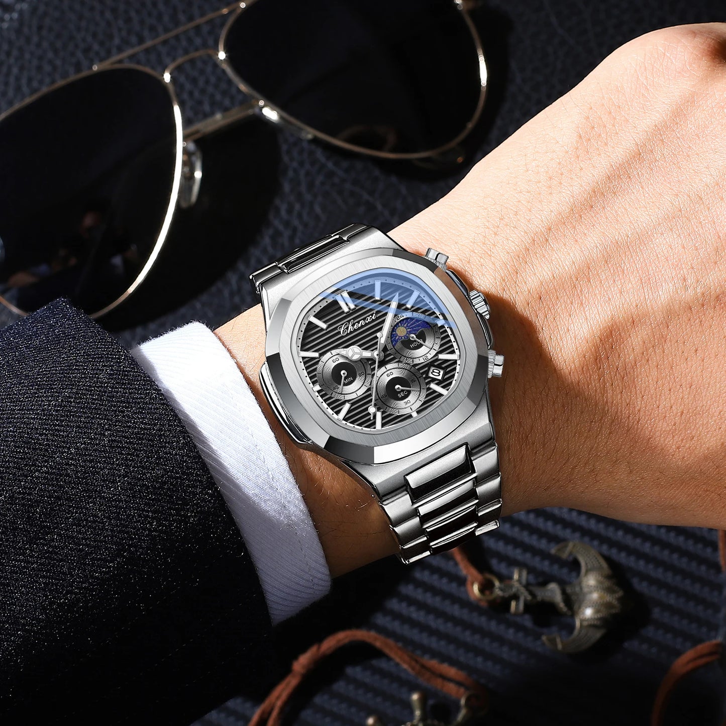 CHENXI Fashion Luxury Men's Watches Stainless Steel Quartz Movement Waterproof Calendar Moon Phase Chronograph Watch for Men