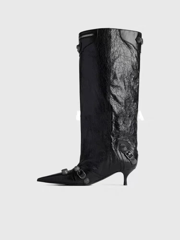 Women's Sexy Stiletto High Heels with Rivet Decoration, Wide Barrel Knee Length Boots, European and American Fashion Show Boots