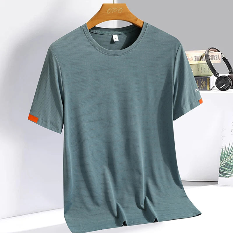 Summer ice silk short sleeved T-shirt for men and women, quick drying and breathable sports top, outdoor running duanT