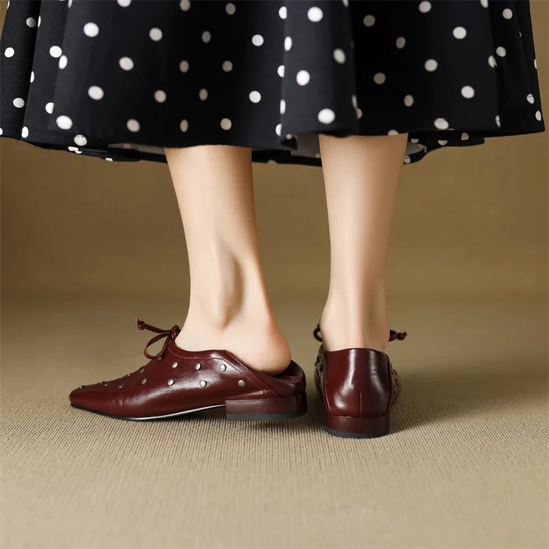 Dilalula 2025 Spring Genuine Leather Rivet Pumps Women Lace Up Low Thick Heels Soft Back Young Women Leather Leisure Pumps