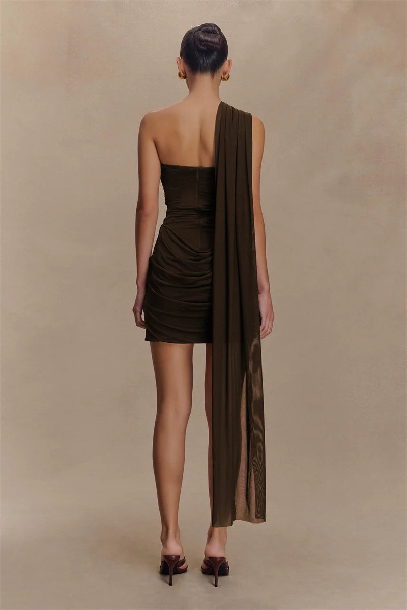 Mozision One Shoulder Backless Mini Dress Women Ruched Bodycon Club Dress