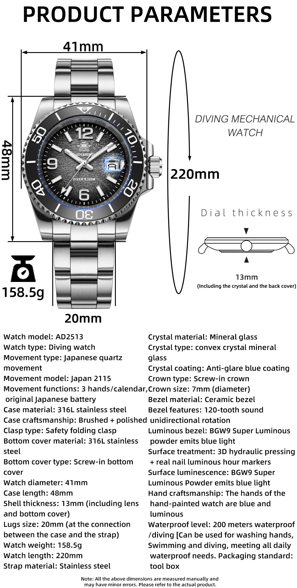 ADDIESDIVE 41mm Watches Japan 2115 Quartz Movement Luminous 200m Waterproof Dive Ceramic Bezel 316L Stainless Steel Man Watches