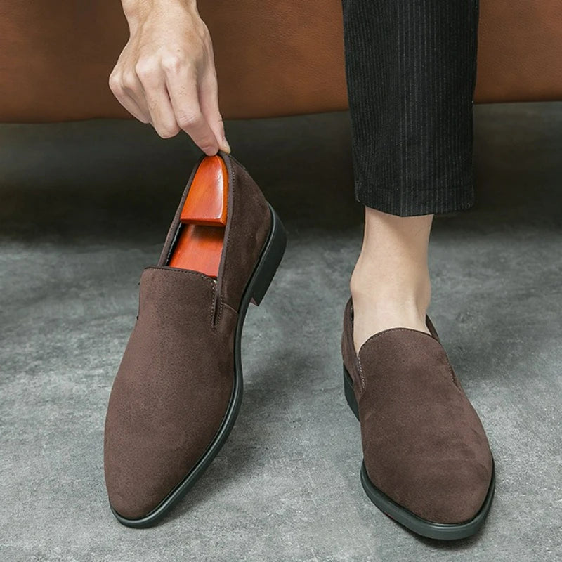 Men's Shoes Suede Leather Shoes Fashion Business Office Dress Shoes Brown Slip on Casual Shoe Red Sole Pointed Toe Male Loafers