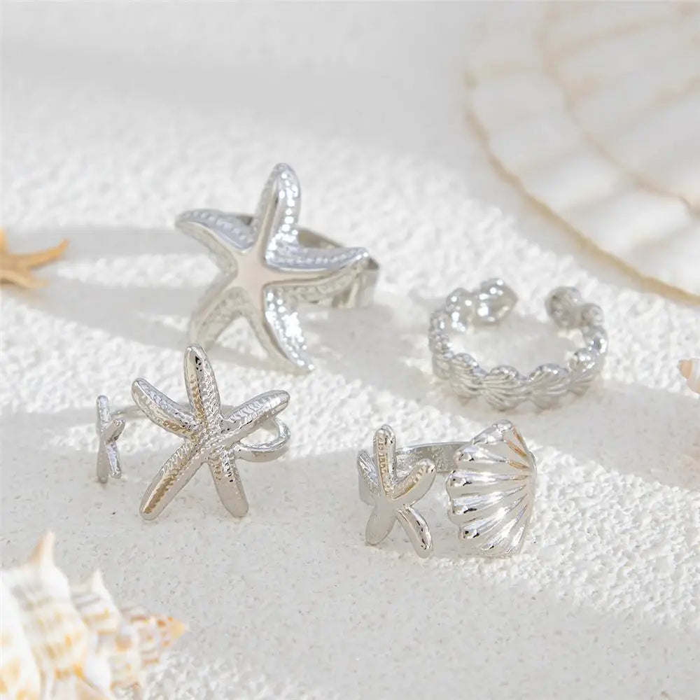 Starfish Scallop Adjustable Open Rings Gold Geometric Design Rings for Women Vacation Style Irregular Beach Jewelry Accessories