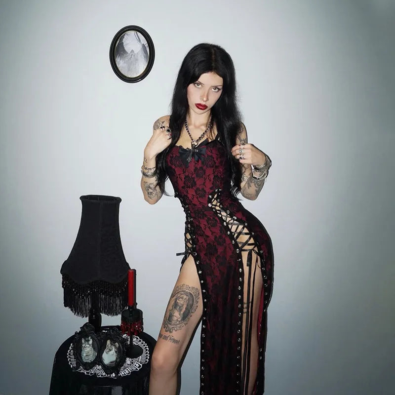 ONE TO WAN Summer Sexy Dark Gothic Style Dress Women's Subcultural Y2K Thin Spaghetti Strap Dress Vintage Design Punk Streetwear