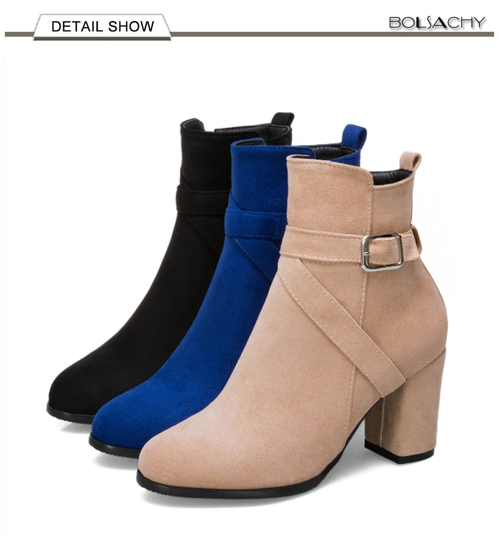 Women High Heels Ankle Boots 2025 Round Toe Elegant Short Booties Ladies Ankle Boots Buckle Decoration Black Blue Autumn Winter
