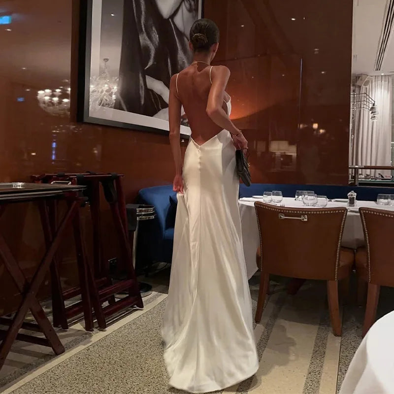 Sexy Backless Satin Women's Summer Dress V-neck Sleeveless Backless Slit Beach Sling Sundress 2026 Lady Chic Evening Party Robes