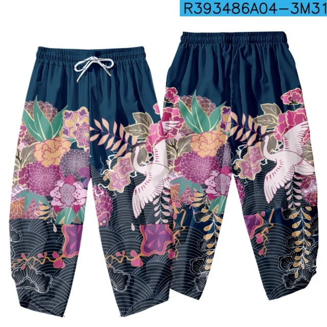 Men Yukata Style Harajuku Cardigan Traditional Japanese Great Wave of Kanagawa Crane Printed Trousers Asian Costume Kimono Pants