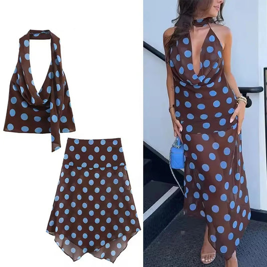 Polka Dot Printed Midi Skirts Two Piece Sets for Women 2026 Summer Chic Scarf Halter Top Suits Beach Woman 2 Piece Outfits