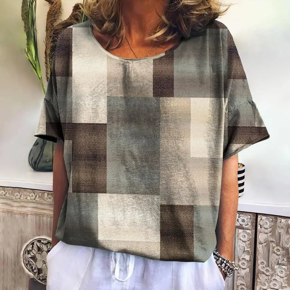Summer Plaid T Shirt For Women O Neck Casual Sweatshirt New Tees Harajuku Clothing Loose Short Sleeve Blouse Female Fashion Tops