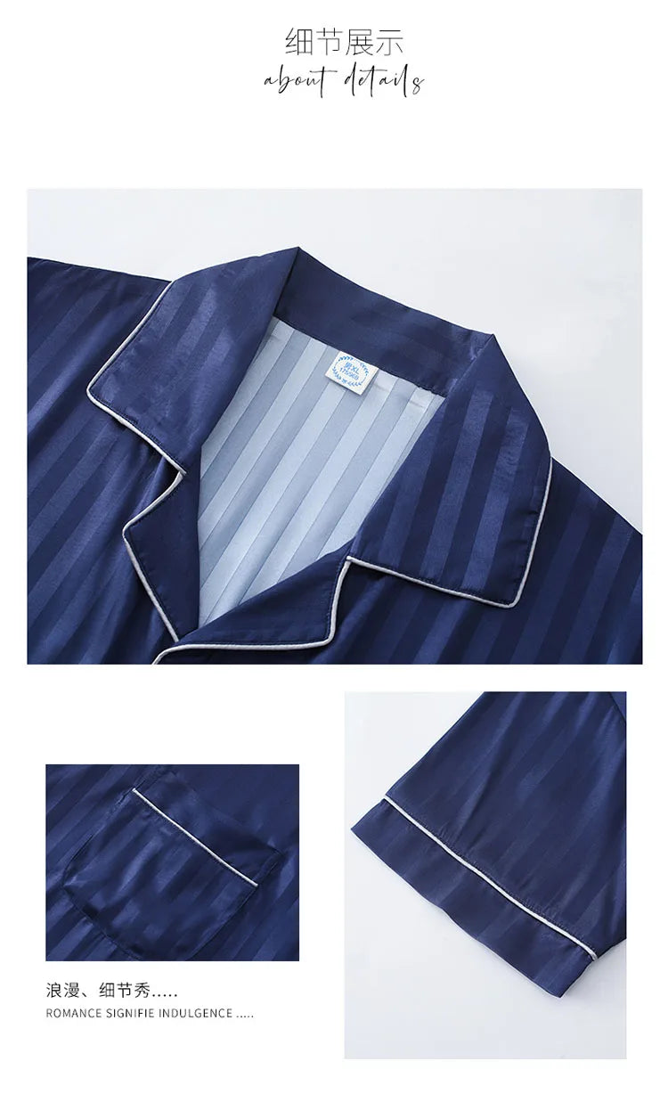Summer Striped Men Sleepwear Suits Silk Mens Pajamas Turn-down Collar Cardigan Short Sleeve Long Pants Male Pyjamas
