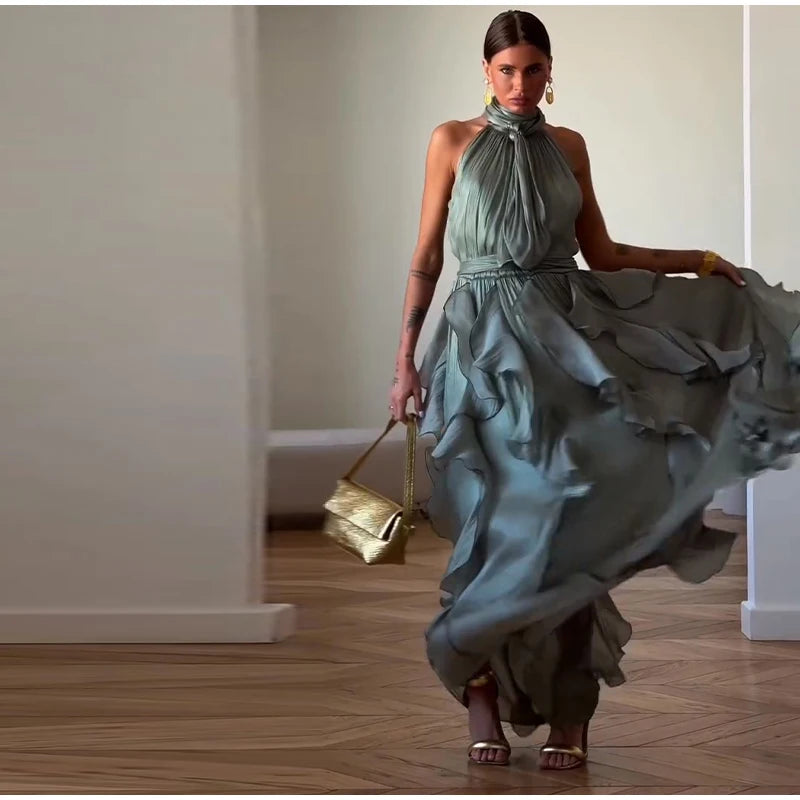 Sexy Cascading Ruffle Pleated Women Long Dress Fashion Lace Up Sleeveless Empire Female Dresses 2026 Spring Summer Lady Robe New