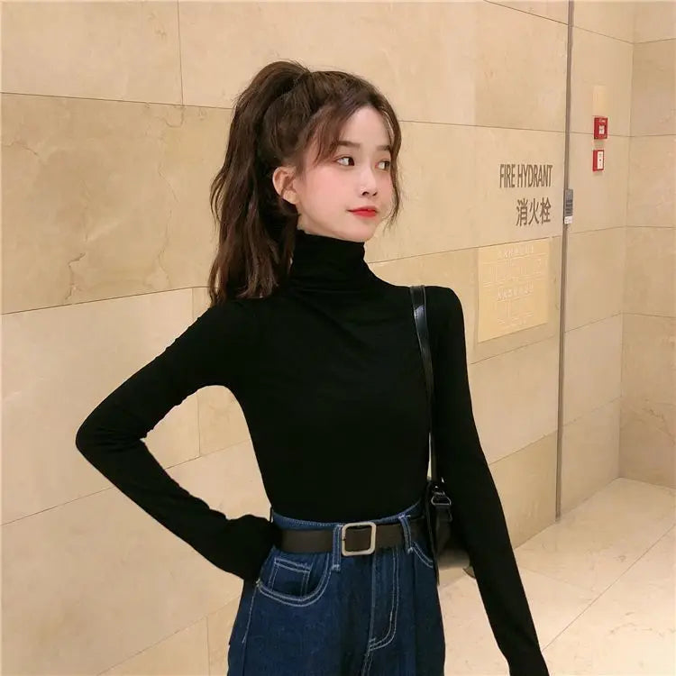 YSZWDBLX Women T-shirts Autumn Winter Modal Bottoming Shirt Warm Turtleneck Inner Wear Korean Casual Slim High Strecth Tops